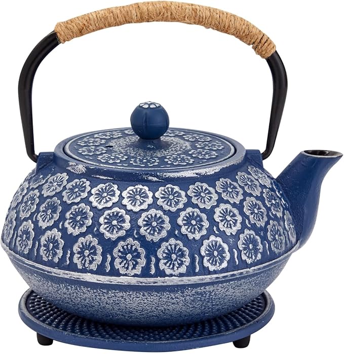 Juvale Japanese Cast Iron Teapot with Infuser - Enhanced Heat Retention in Cast Iron Kettle - Includes Stainless Infuser Basket & Trivet for Teapot Filter Set - 32 Oz, Blue