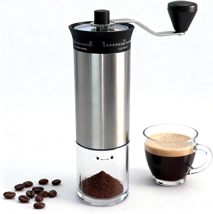 LAMIDO Mini Manual Coffee Grinder, 56 External Adjustable Settings, 30g Capacity, Portable Ceramic Conical Burr Mill with Crank, Single Dose Hand Grinder for Camping, Travel - Stainless Steel Finish