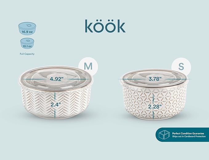 KooK Mixing Bowls, with Lids, Ceramic Nesting Bowls. Space Saving, Set of 4, Embossed, Kitchen, Prep, Stackable, Mix, Gift, Microwave and Dishwasher Safe, 10/16/29/47 oz, Narbonne Collection (Ivory)
