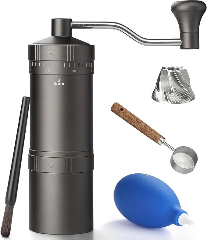 Manual Coffee Grinder with 7 Star Stainless Steel Conical Burr, Portable Coffee Grinder with External Adjustable Grind Setting (Grey)