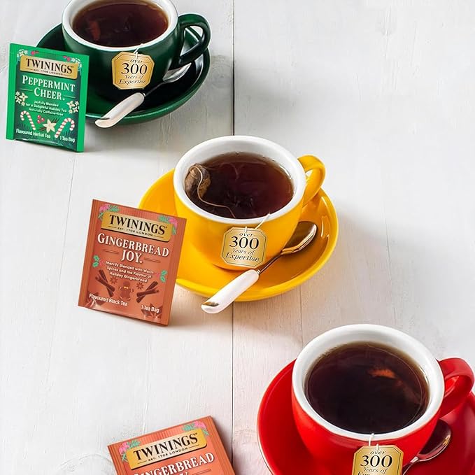 Twinings Christmas Holiday Variety Tea Bag Pack (40 Count) 4 Flavors Include Christmas Tea, Winter Spice, Gingerbread Joy, Peppermint Cheer, Seasonal Gift for Her, Him, Family, Friends