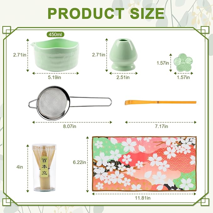 Matcha Whisk Set––7pcs Japanese Matcha Set Kit with Matcha Bowl, Bamboo Whisk, Whisk Holder, Scoop, Towel&Sifter–Perfect for Matcha Lovers&Tea Ceremonies-Daisy Green