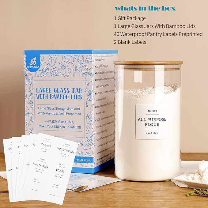 1 Gallon Large Glass Food Storage Containers With Airtight Bamboo Lid - Kitchen Glass Storage Jars Canister With 42 Pantry Labels - Thicken Big Clear Rice Containers For Your Pantry