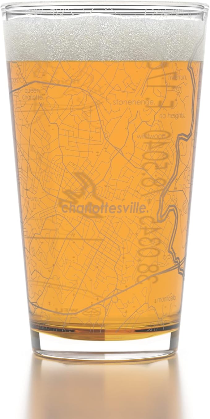 Well Told Engraved Charlottesville Virginia Map Pint Glass Etched Beer Glass Gift (16 oz, Clear) City Map Pint Glass, Custom Beer Glass, Gifts for Beer Lovers