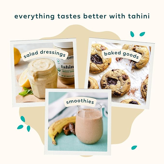 Soom Foods Organic Tahini 16oz (1 Pack) | Roasted & Ground Sesame Seed Paste | Creamy Tahini for Dubai Chocolate, Hummus, Sauces | Vegan, Nut-Free, Gluten-Free, Kosher, Keto, Paleo, Whole30