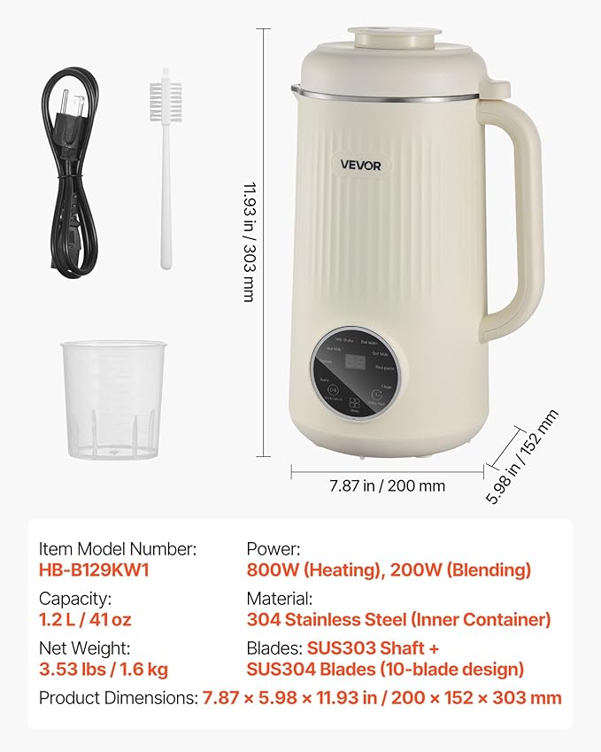 VEVOR 8-in-1 Nut Milk Maker, 41 oz Soy Milk Maker Machine with 10 Blades, for Homemade Oat, Nut, Soy, Juice, Milkshake, Rice Cereal, Plant-Based Beverages with Self-Cleaning, Boil Water, 12-Hour Delay