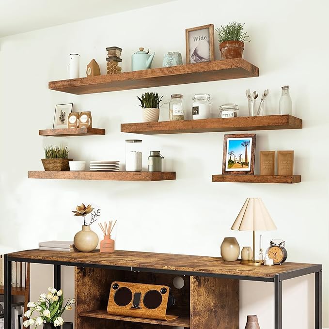 Rustic Brown Floating Shelves 25 Inch Rust Brown Shelves for Wall with 1/5" Thicker Steel Brackets | Heavy Duty Farmhouse Wall Shelves | Solid wood Core | Rustic Floating Shelves for Décor Set of 2