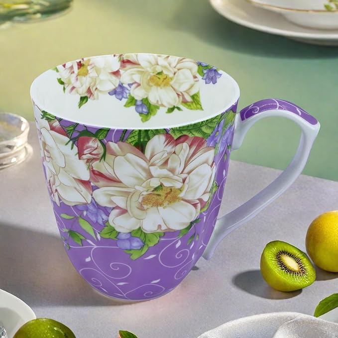 14oz Bone China Coffee Mug Floral Bone Mug Cute Coffee Mugs Teacup for Women Mom Friend (Romantic Purple)