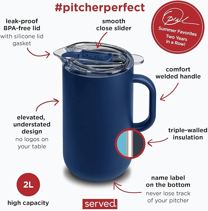 Served Premium Insulated Pitcher (2L/66oz) - Double Walled, Copper Lined Stainless Steel Pitcher with Lid - Vacuum Insulated Carafe for Hot Coffee, Tea, Iced Drinks, Water, Cocktails, and More