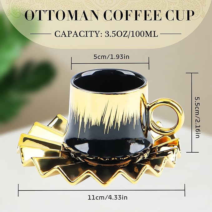 Goldmeet 6-Piece Turkish Coffee Cup Set, 3.5oz Elegant Ceramic Tea Cups with Saucers for Cappuccino Latte, Espresso Cup Set with Gift Box for Home & Cafe Use, Black Gold Luxury Design