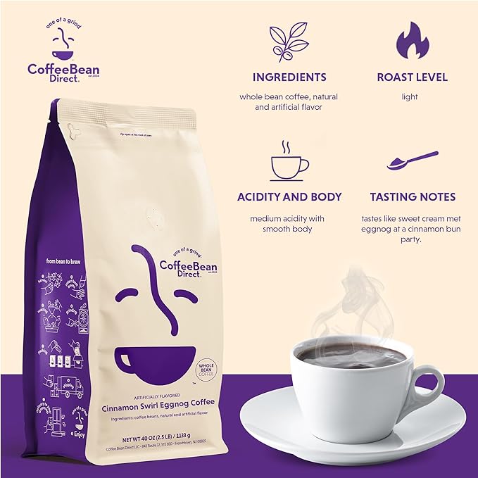 Coffee Bean Direct Cinnamon Swirl Eggnog Flavored, Whole Bean Coffee, 2.5 Pound Bag (Pack of 1)