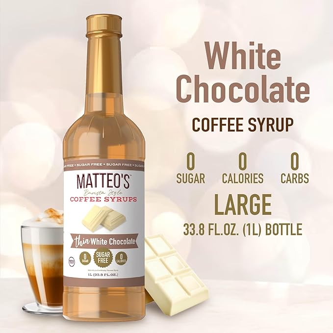 Matteo's White Chocolate Syrup for Coffee, Lattes, Cappuccinos & Desserts – Sugar-Free Sweetener for Beverages, Keto Friendly, Zero Calories, Indulgent Flavor, Non-Alcoholic, 33.8oz (6pk)