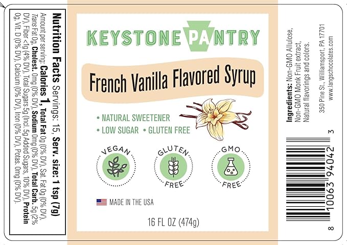 Keystone Pantry French Vanilla Flavored Syrup 1 pint bottle Natural Sweetener, Low Sugar, Gluten Free, Vegan, GMO Free, Kosher parve