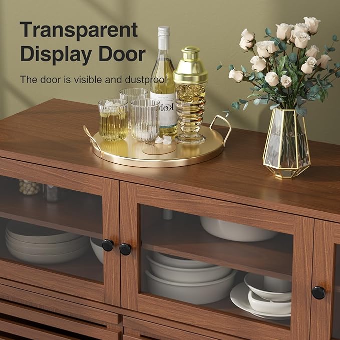 Vabches 47.2" Buffet Cabinet with Storage, Mid Century Modern Sideboard Coffee Bar Cabinet with Grille Doors & Adjustable Shelves for Kitchen, Dining Room, Living Room, Walnut