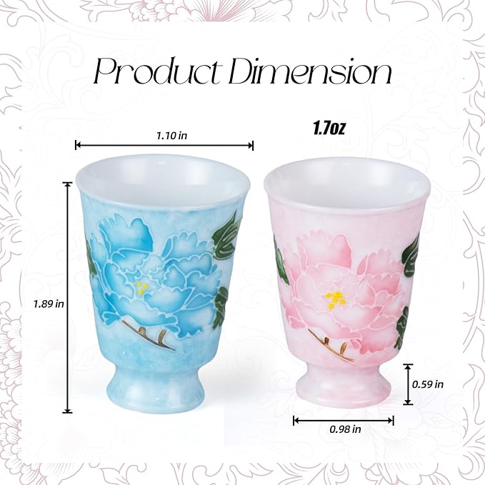 KAMMAK Ceramic Tea Cups Small, Cute Vintage Coffee Cup Set of 2, Porcelain Teacups Espresso Mug, 1.7oz Hand Painted Chinese Afternoon Tea Party Mugs, Birthday Gift for Women Men, Hand-Piled Peony