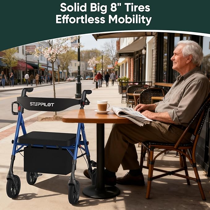 Foldable Aluminum Rollator Walkers with Cushion Seat for Senior, 16lbs Lightweight & 500 lbs Max Load, Adjustable 5-Level Seat Height & 6-Level Handles Height,8" Big Wheels,Dual Braking, Storage Bag