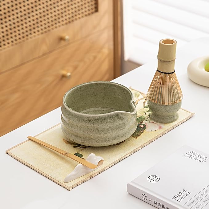 Matcha Set, Matcha Bowl with Spout, Matcha Whisk and Holder, Bamboo matcha Scoop and Stainless Sifter - 7 Pcs Jade Green Matcha Set Kit for Matcha Lover