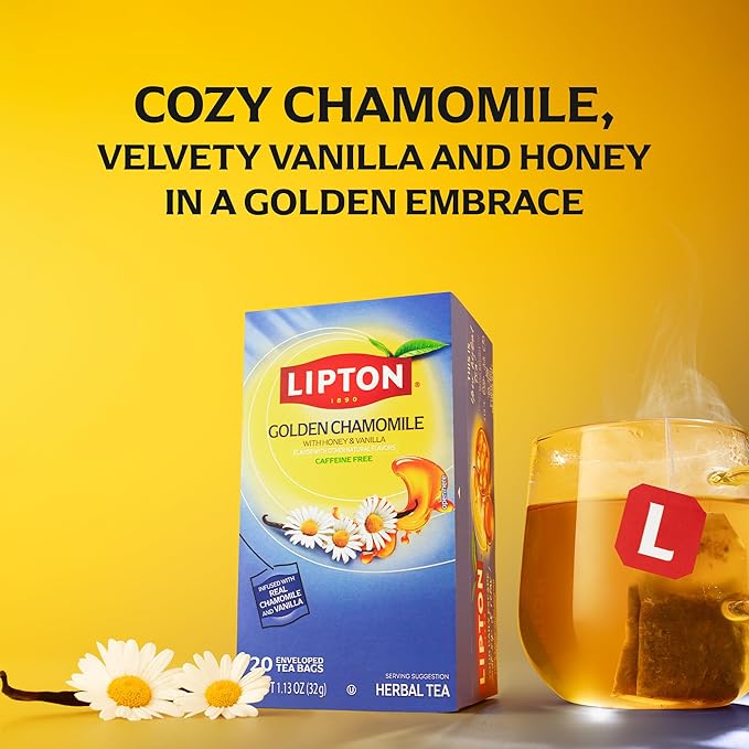 Lipton Golden Chamomile with Honey and Vanilla Tea Bags, Caffeine Free Tea, Herbal Tea, Individually Wrapped, 80 Total tea Bags (20ct - Pack of 4)