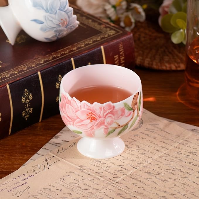 KAMMAK Tea Cup, 3.2oz Small Tea Cups Set of 2, Red and Blue Floral Porcelain Tea Cup Set, Ceramic Teacups for Home, Party, Office, Chinese Kungfu Tea Set for Hot/Cold Drink, Qingji Jade Clay