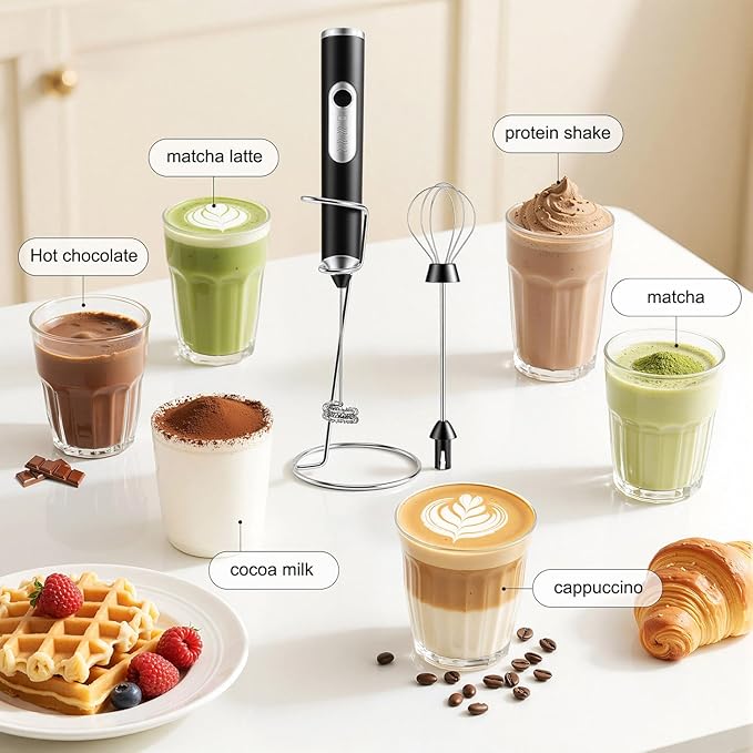 BEoffer Milk Frother Handheld + Stand Rechargeable 2000mAH Power Frother Wand Electric Foam Maker with 2 Stainless Whisks 3 Speeds Drink Mixer Coffee Frother for Latte, Cappuccino Matcha Hot Chocolate