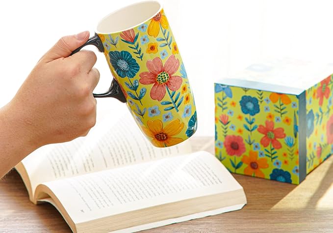DUSVALLY Ceramic Coffee Mug Travel Cup Gift with Lid 17oz, Tea Cup with Handle for Latte, Cappuccino and Cocoa, Home and Office Porcelain Coffee Cups, Green Flower