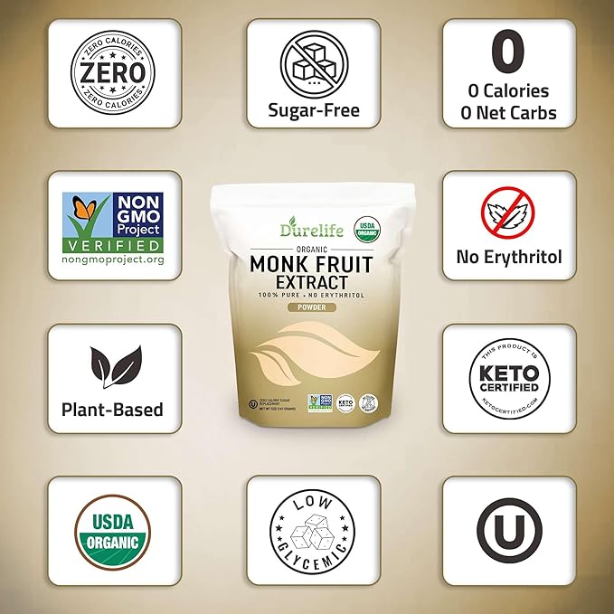Durelife Organic 100% Pure Monk Fruit sweetener, No Erythritol, Monkfruit Extract Powder, USDA organic NON-GMO Project Verified, Keto Certified, OU kosher No Fillers Zero Calorie Sugar Substitute 5 OZ