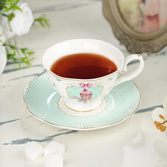 fanquare Rose Tea Cup and Saucer Set for 6, British Tea Cups Set for Gift, Multi-Color Flowers Porcelain Tea Service
