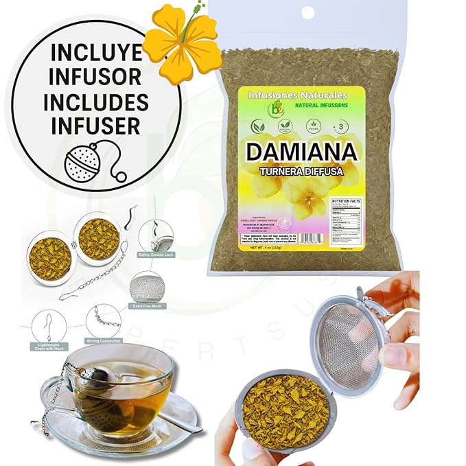 Damiana Leaf Te – 4 oz (113g) Loose Herbal Tea + Stainless Steel Tea Infuser – 100% Natural Turnera diffusa – Authentic Mexican Origin – Caffeine-Free, Non-GMO, Gluten-Free, Vegan By Bexpertsusa