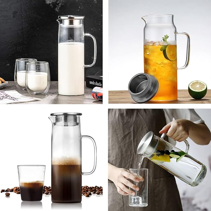 Glass Pitcher with Lid, 51Oz Heat Resistant Glass Water Carafe with Handle for Fridge, Pitcher for Iced Tea, Milk, Hot and Cold Beverage, Borosilicate Glass Juice Jug 1500ml