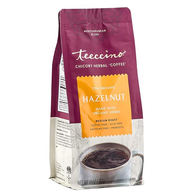 Teeccino Hazelnut Chicory Coffee Alternative - Ground Herbal Coffee That’s Prebiotic, Caffeine Free & Acid Free, Medium Roast, 11 Ounce (Pack of 6)