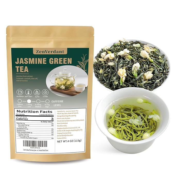 ZenVerdant Premium Jasmine Green Tea Loose Leaf | 7x Scented, Low Caffeine, High Antioxidant | Cold Brew Ready, Smooth Taste, Natural Floral Notes