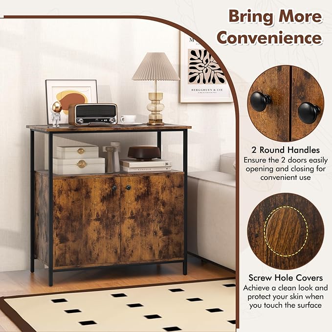 Buffet Cabinet, Industrial Storage Cabinet with Doors and Shelves, Wood Buffets & Sideboards, Farmhouse Coffee Bar, Rustic Console Table for Kitchen, Dining Living Room, Entryway