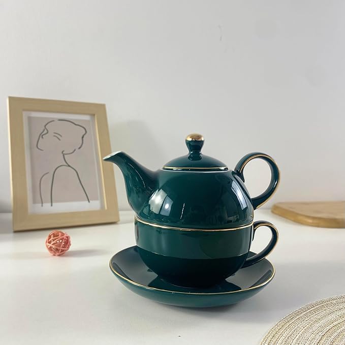 YBK Tech Ceramic Tea for One Set, 12oz Teapot and 8.2oz Cup with Saucer (Peacock Green)