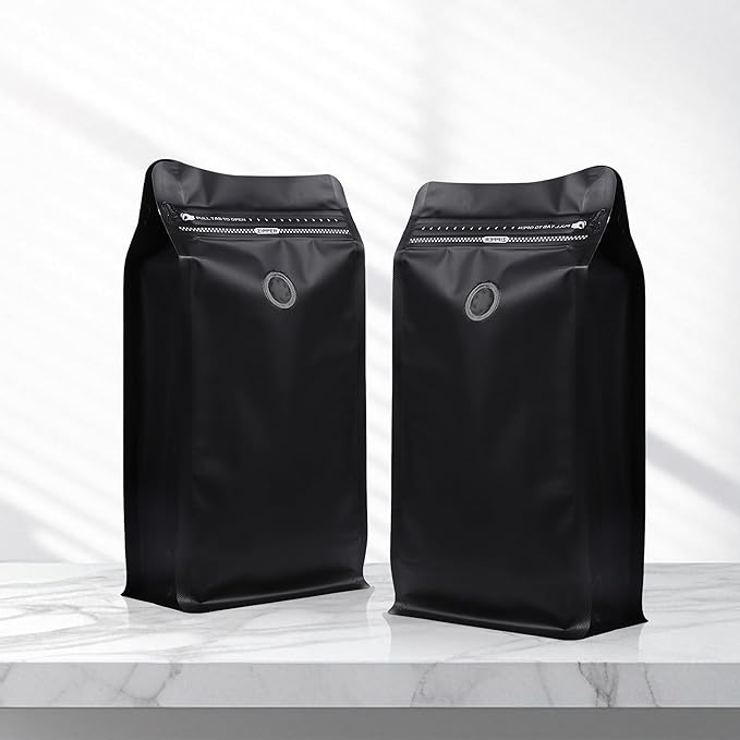 50 Pcs Upgraded Coffee Bags with Valve (Black,8 oz/0.5 lb), Black High Barrier Aluminum Foil Flat Bottom Standing Coffee Bean Storage Bags, Heat Sealable Resealable Bag for Home.