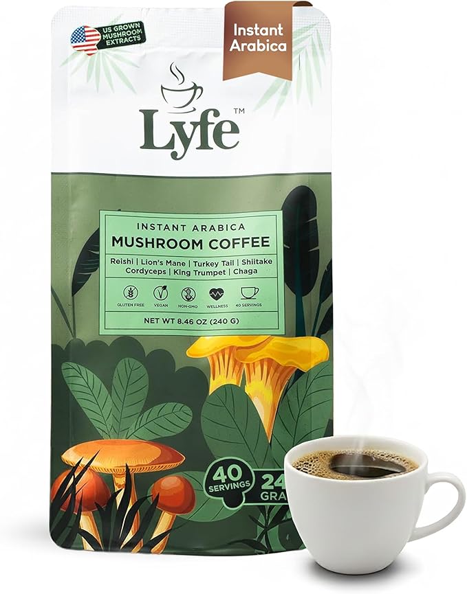 LYFE Organic Instant Mushroom Coffee, 40 Servings – Lion’s Mane, Chaga, Cordyceps & Turkey Tail | USA Grown Adaptogenic Blend for Energy, Focus & Wellness - Natural Superfood Coffee for Daily Vitality