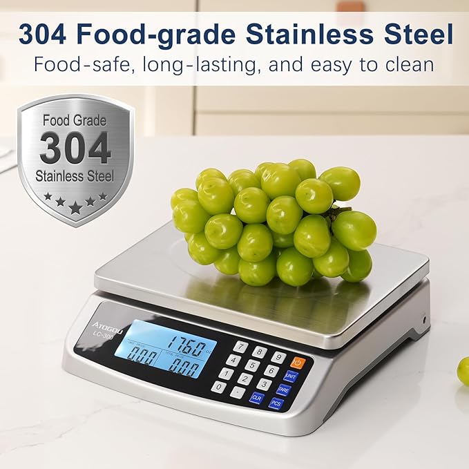Atogou 110lb Food Scale, Commercial Kitchen Scale with Price Computing, Plug-in Usable, 0.05oz/1g, 304 Stainless Steel, for Cooking, Vegetables, Farm, Industry, Counting. LC300 Silver