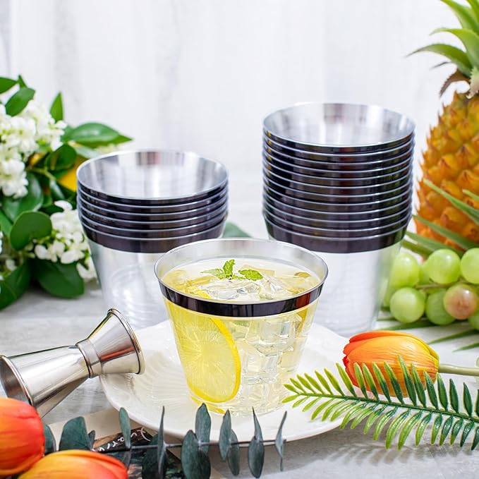 WELLIFE 120 PCS Black Plastic Cups,Disposable Cocktail Glasses,Plastic Wine Glasses Disposable,9 oz Clear Cups for Party and New Year