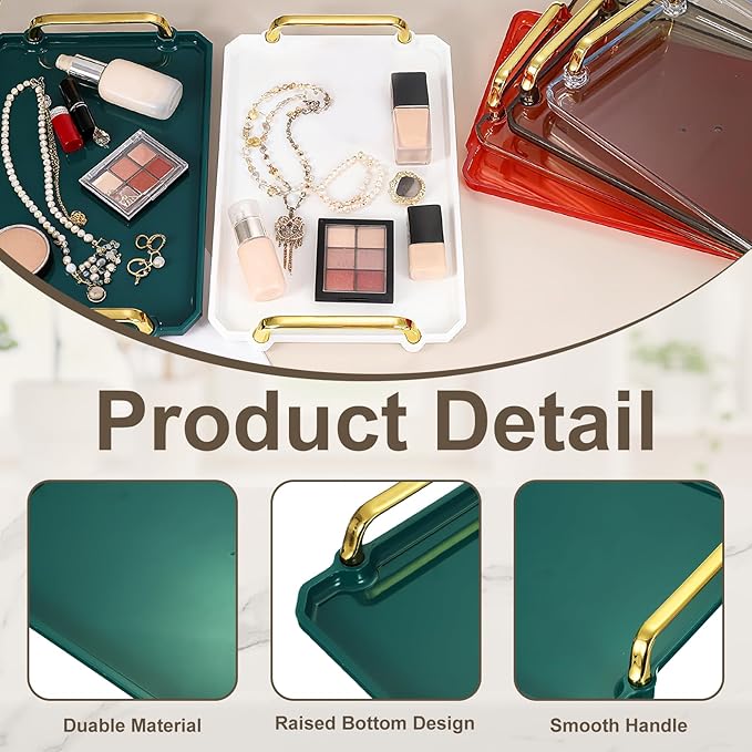 uxcell Plastic Serving Tray with Golden Handle, 12 x 8.6 Modern Rectangular Decorative Tray Acrylic Reusable Tea Platter for Countertop Bathroom Kitchen Home Restaurant, Dark Green
