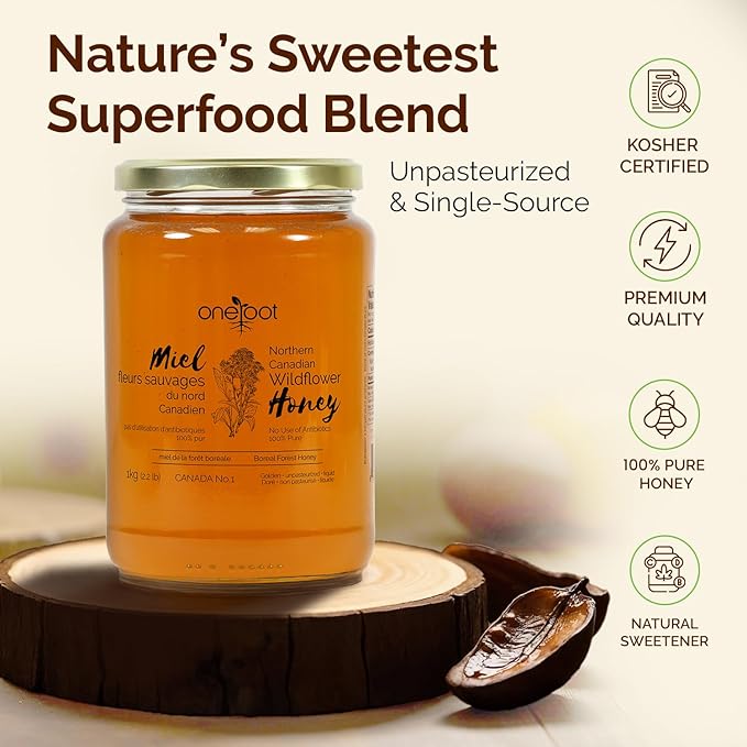 OneRoot Natural Wildflower Honey - 2.2 lbs / 1kg, Pure Canadian Boreal Forest Honey - Unpasteurized, Minimally Filtered & Single-Source - Rich in Enzymes & Antioxidants