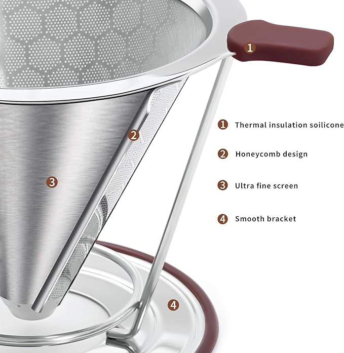 Pour Over Coffee Dripper, MISETTO Stainless Steel Filter,Easy to Clean Paperless pour over coffee maker,Reusable Filter,Cone Dripper with Removable Cup
