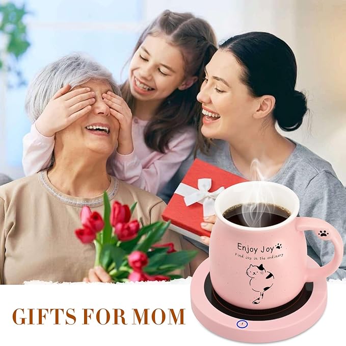 Coffee Mug Warmer, Cute Cat Mug Set, Coffee Cup Warmer for Desk, Gifts for Women, Pink Heated Coffee Warmer for Mom Home Office Christmas Birthday Gifts
