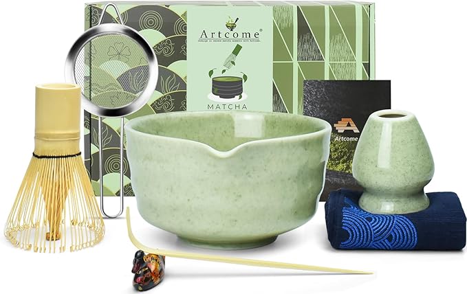 Artcome 7-Piece Matcha Tea Set - Complete Japanese Ceremony Kit with Bowl, Whisk, Scoop, Strainer & Guide, Mottled Light Green