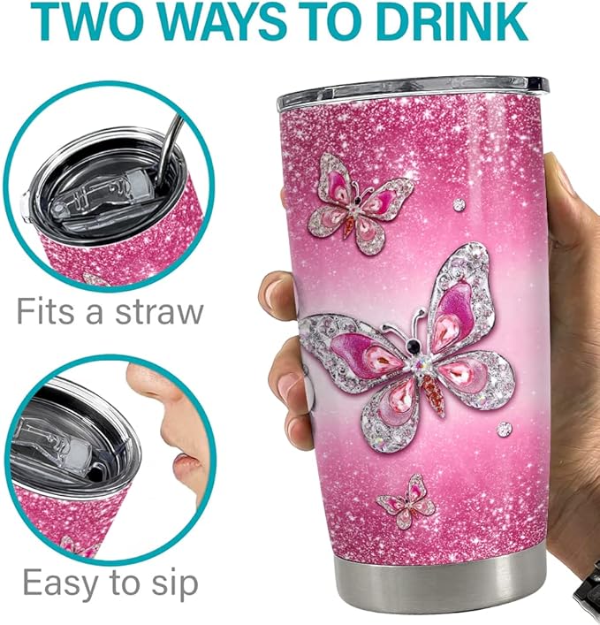 SANDJEST Butterfly Tumbler Jewelry Style 20oz Tumblers with Lid Gift for Women Girl Daughter Sister Mom Christmas Birthday Presents