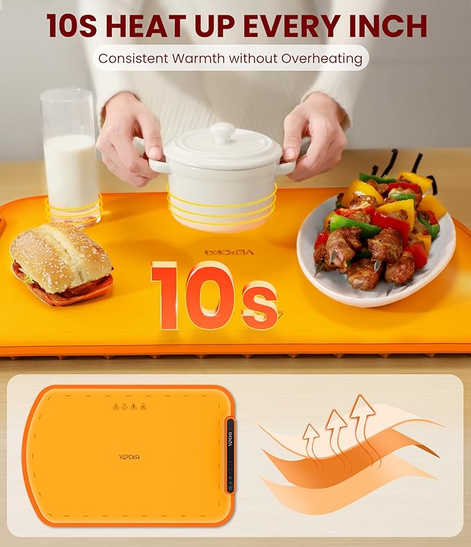 Warming Mat for Food, VEPOKA Food Warmer Mat for Countertop, Electric Warming Tray with 7 Temp Levels & Auto Shut-Off, Food Warmers for Parties, Ideal Gift for Kitchen & Buffet Use
