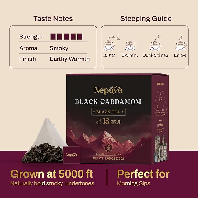 Nepaya Black Cardamom Black Tea – 15 Pyramid Tea Bags, Robust & Smoky, High Caffeine, Biodegradable, Himalayan Whole-Leaf Tea, Coffee Replacement