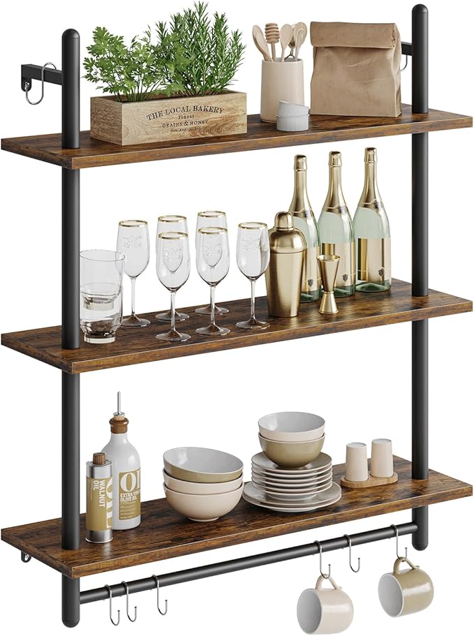 Bestier 3 Tier Industrial Pipe Shelving, Floating Book Shelves for Wall, Storage Hanging Shelves with Towel Bar for Bathroom Organizer Bedroom Kitchen Plants Office. 31.5 Inch Rustic Brown