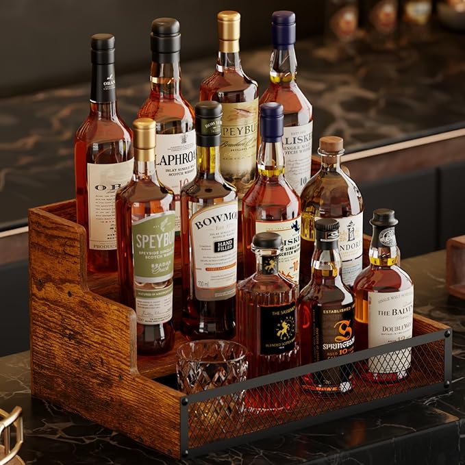 3 Step Countertop Liquor Bottle Display Shelf, Wood Bar Shelves 12 Bottles with Fences, Freestanding Storage Shelves for Liquor Whiskey Wine Coffee Syrup Display, Retro Wine Rack Home (Patent Pending)