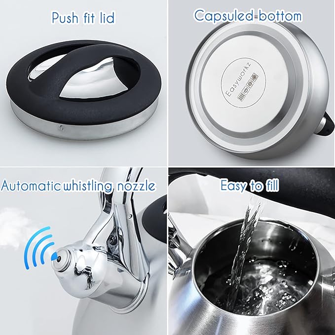Easyworkz Whistling Stovetop Tea Kettle Food Grade Stainless Steel Hot Water Tea Pot With Loud Whistle, 2.4 Quart(2.3l)