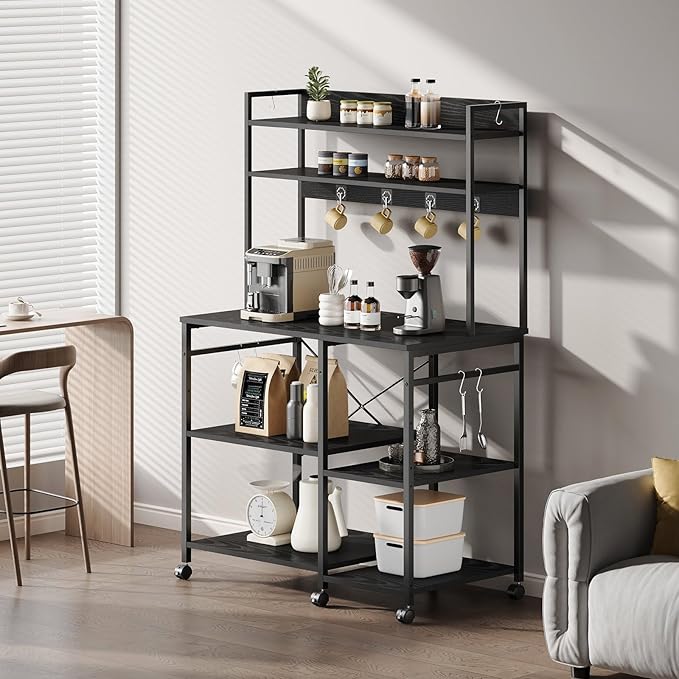 Kitchen Bakers Rack with Storage，Microwave Stand with Wheels，with Adjustable Shelves，Kitchen Shelves，Coffee Bar with 10 S-Shaped Hooks，35.4 * 15.8 * 61 Inches，Black