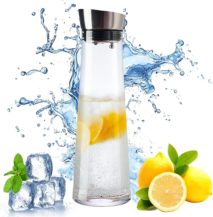 GLASKEY Glass Water Carafe with Lid,1200ml Glass Juice Pitcher with Stainless Steel Gravity Lid,Clear Water Pitcher for Ice Tea, Lemonade, Coffee,Juice Beverage,40 oz